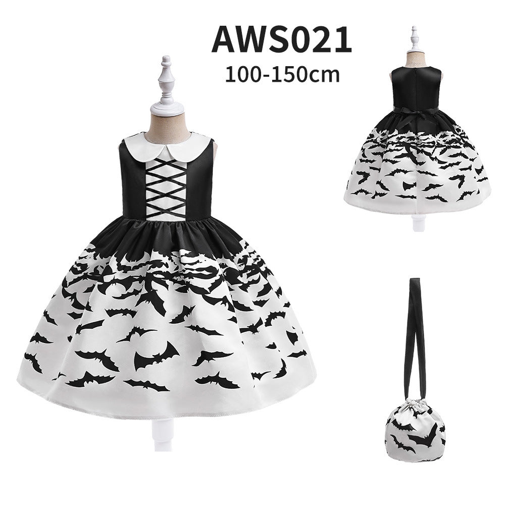 Halloween Printed Dress for Girls with Candy Bag Princess Style Children's Dress