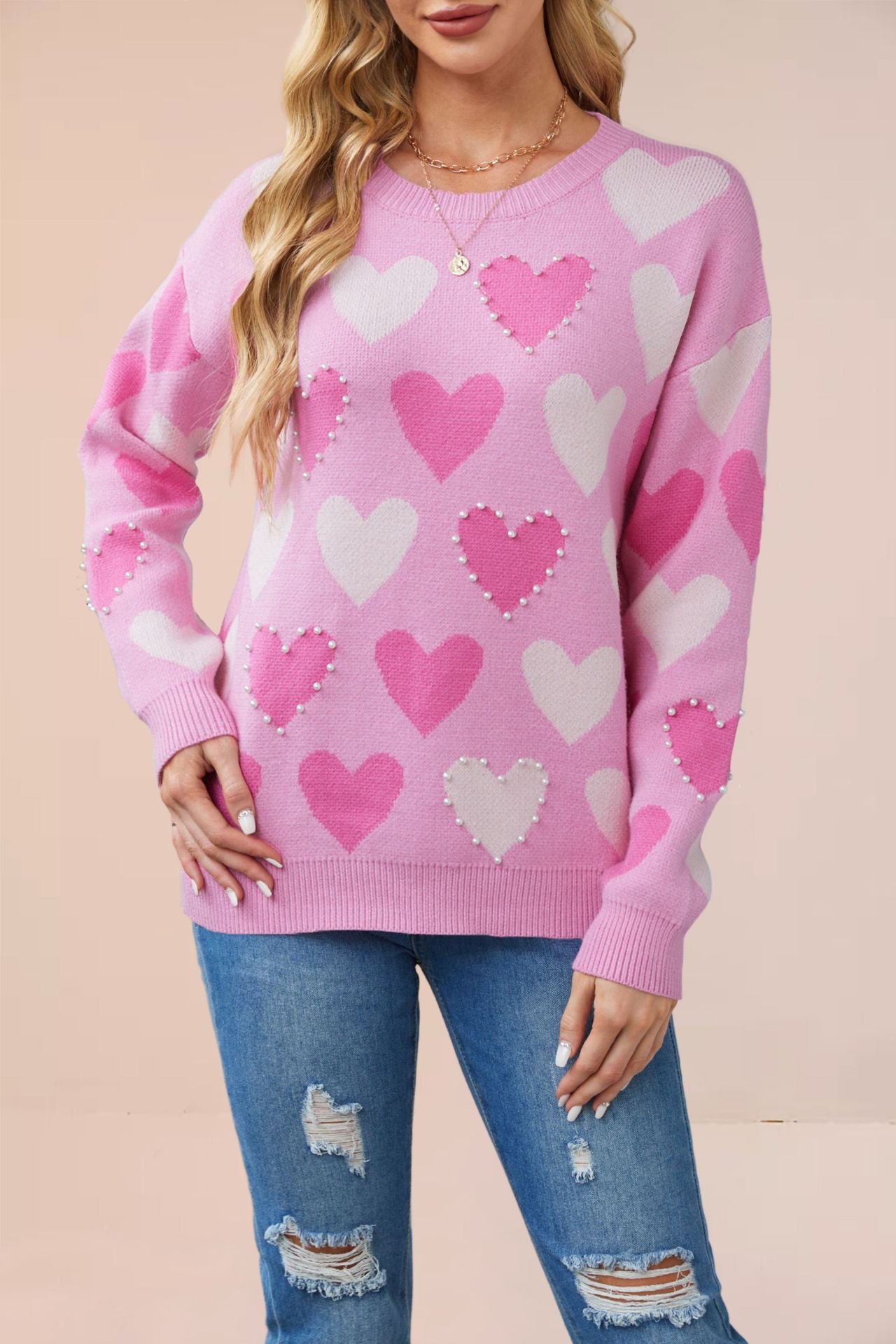Round neck handmade bead heart-shaped peach pullover knitted sweater