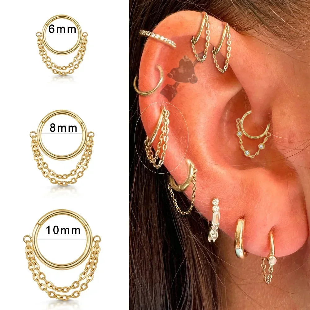 Fashion Punk Circle Pendant Tassel Zircon Hoops Ear Nose Ring For Women Girl Cartilage Daith Septum Piercing Earrings Jewelry