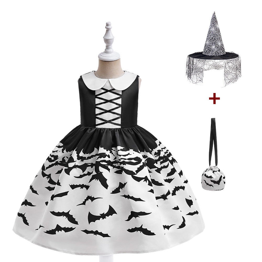 Halloween Printed Dress for Girls with Candy Bag Princess Style Children's Dress
