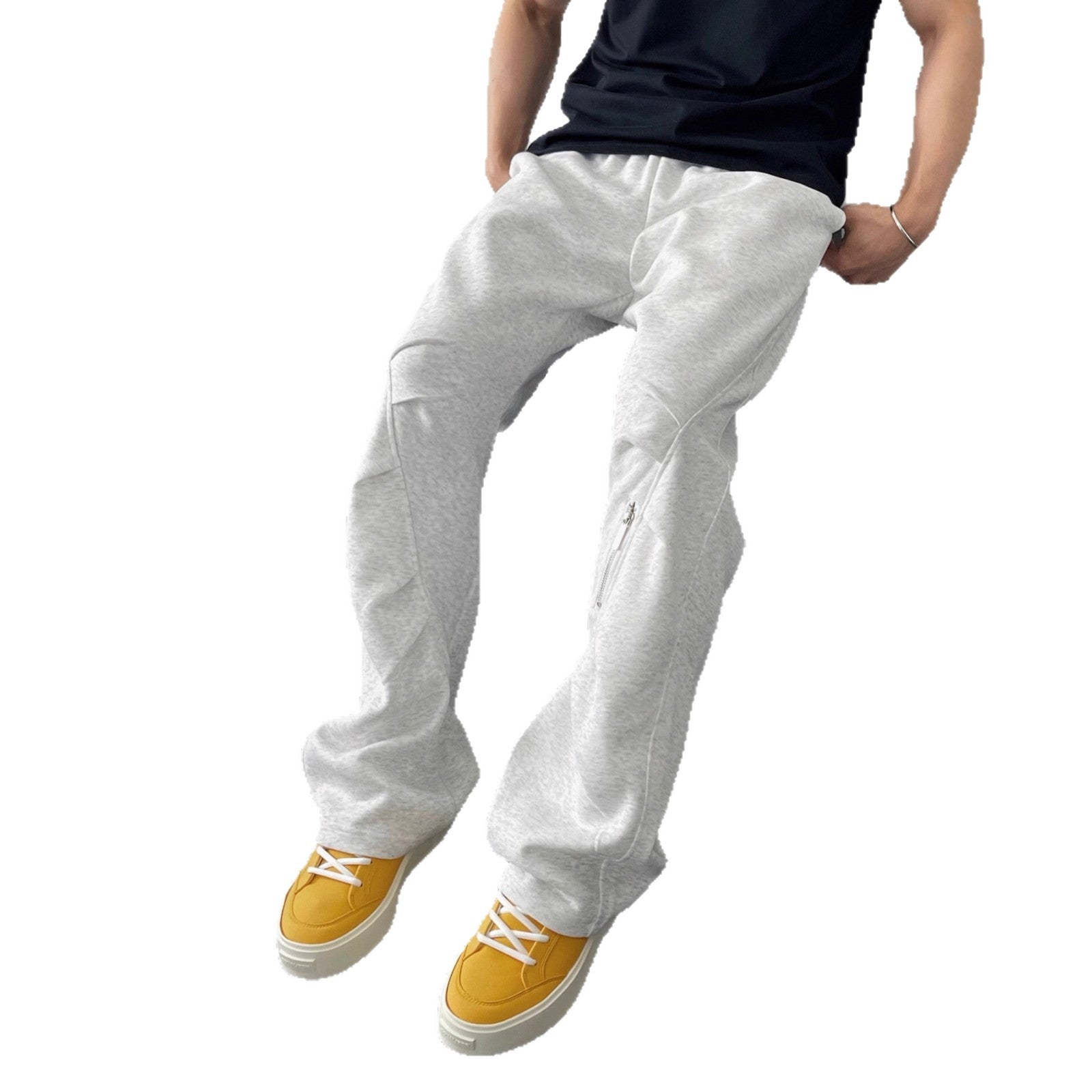 Casual Style Zipper Heavyweight Track Pants for Men Grey Pleated Cargo Trousers with Floral Pattern Straight Fit with Slight Flare Autumn Fashion