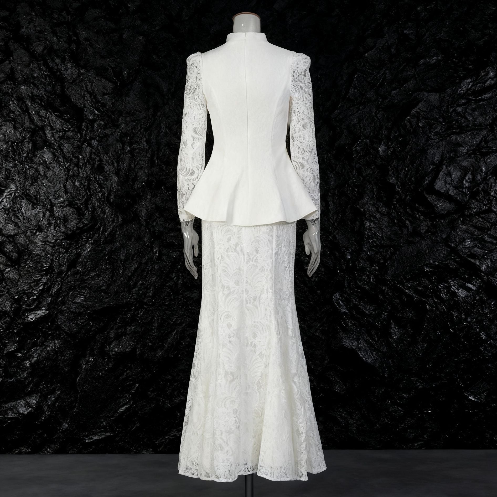 Stand collar lace embroidered waist cinching top+high waisted fishtail skirt