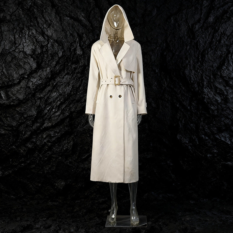 Strap up waist cinched hooded split windbreaker jacket for women