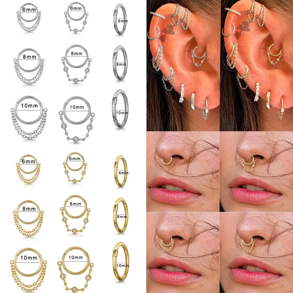 Fashion Punk Circle Pendant Tassel Zircon Hoops Ear Nose Ring For Women Girl Cartilage Daith Septum Piercing Earrings Jewelry