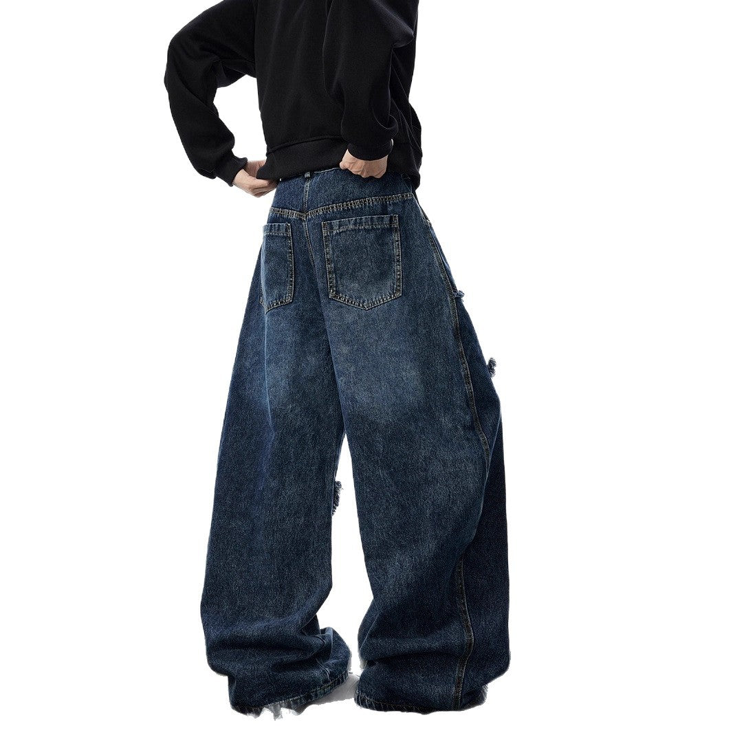 Original Design Patchwork Denim Pants Men's Raw Hem Star Wide Leg Pants Street Style Knife Cut Long Pants