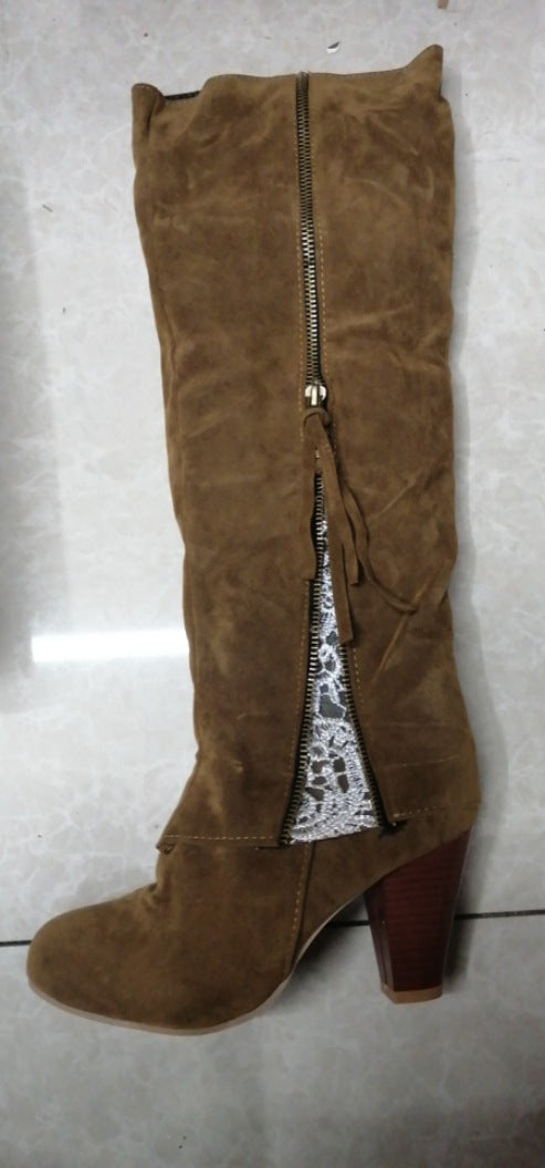 High heeled thick heeled cuffed high boots