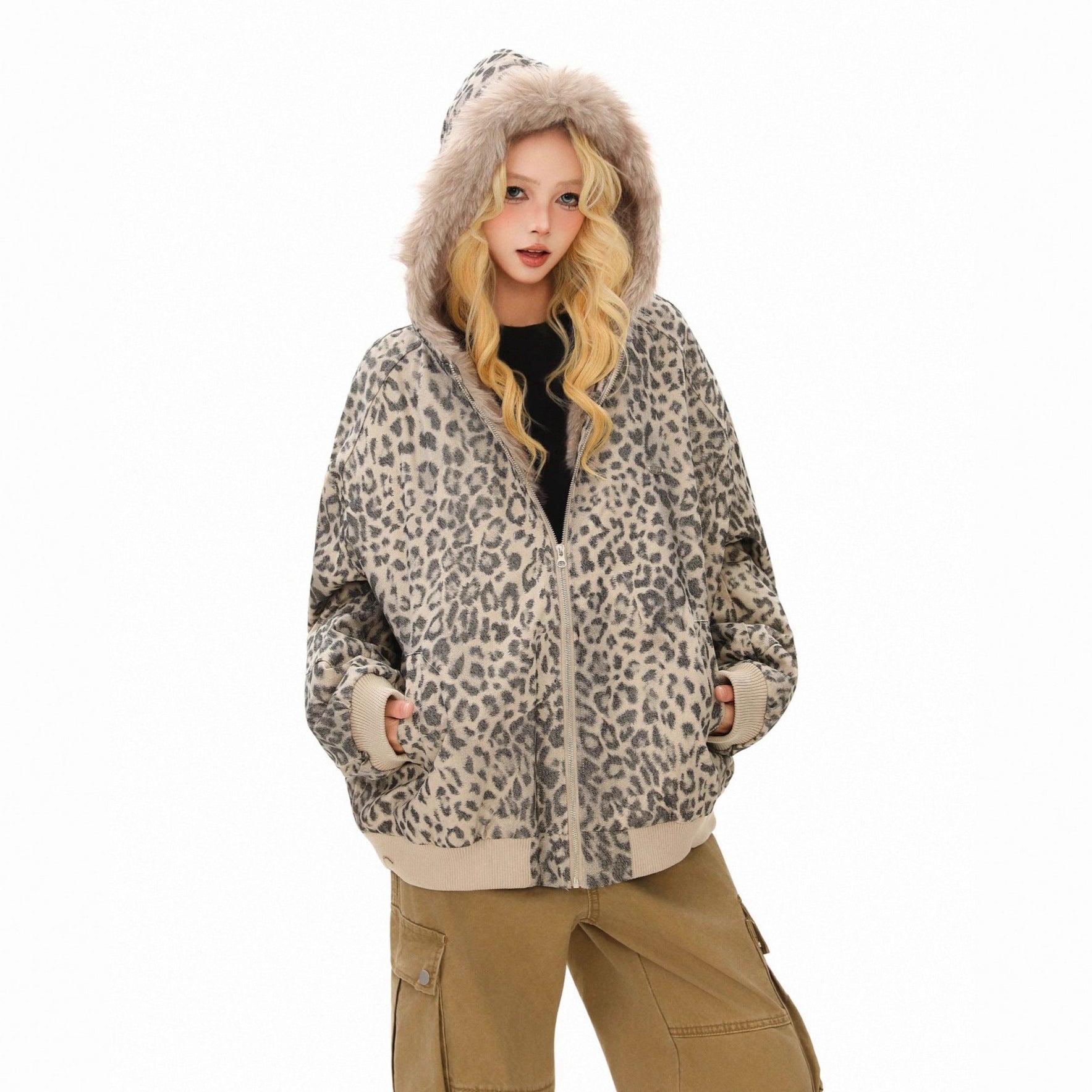 Wool collar and velvet cotton coat leopard print jacket