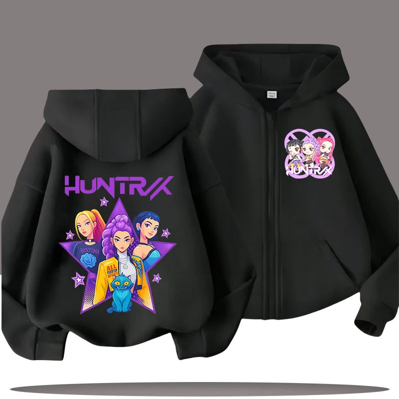 K-pop Demon Hunters Hooded Coat for Child Anime Huntrix Rumi Zoey Cartoon Fashion Zip Jacket Boy Girl Cute Top Kids Clothes Gift