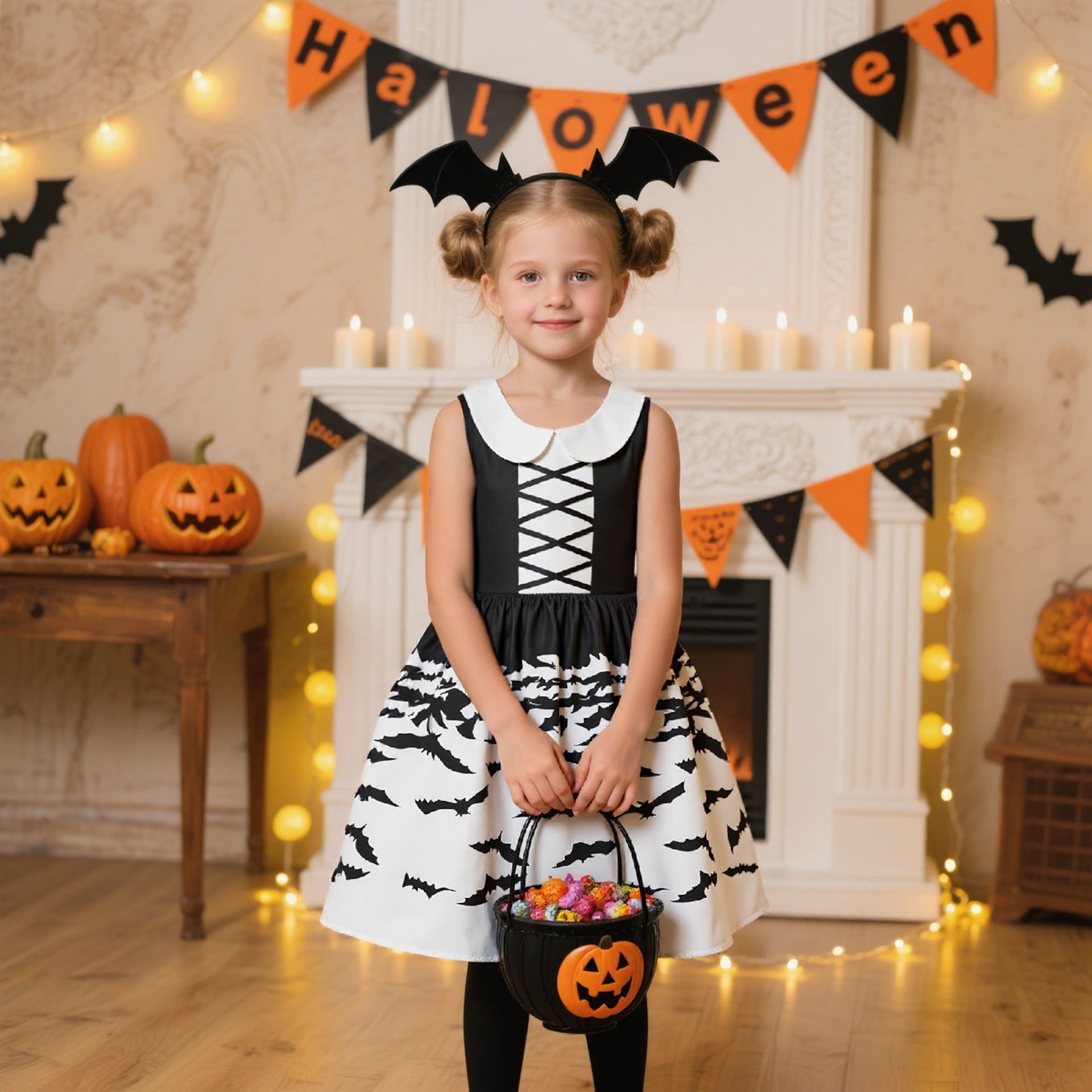 Halloween Printed Dress for Girls with Candy Bag Princess Style Children's Dress