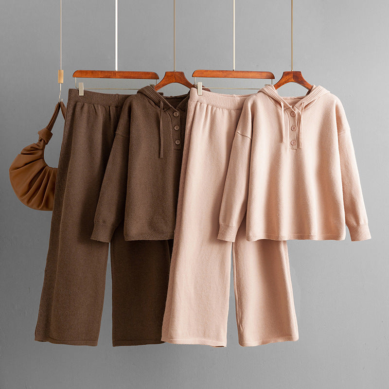 Hooded loose button sweater+wide leg pants two-piece set for women