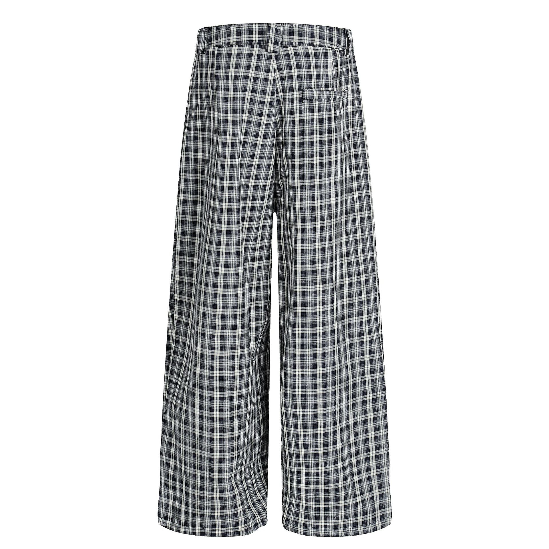 Retro Unisex High-End Street Style Plaid Pleated Loose Fit Men's Casual Trousers