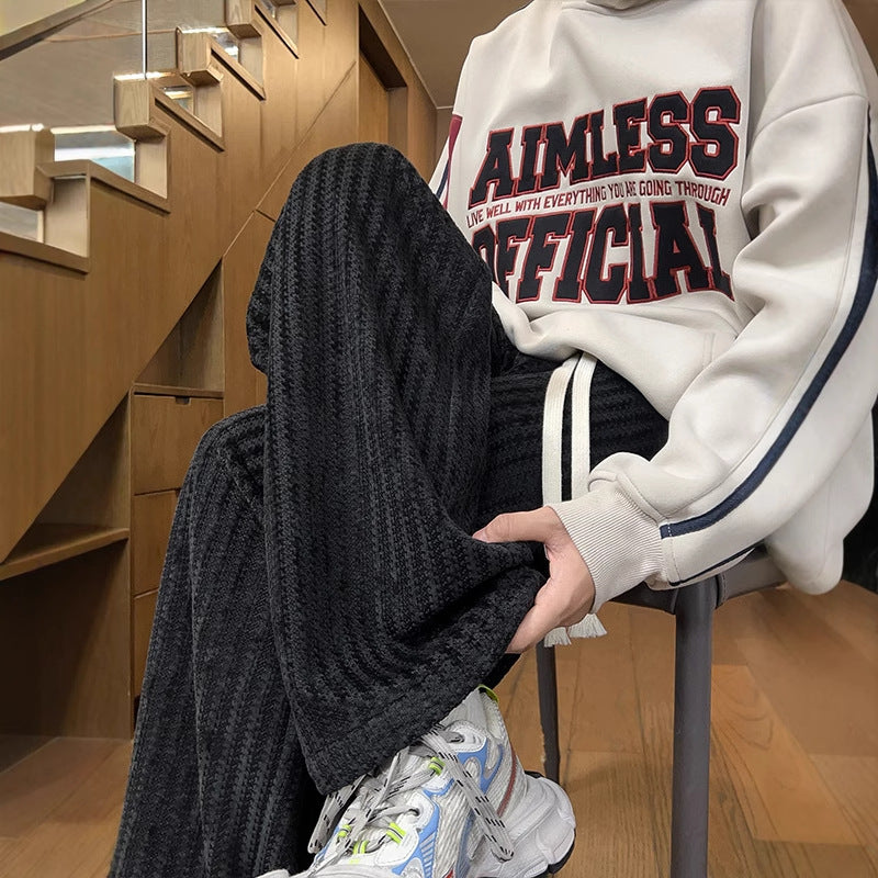 Textured jacquard pants men's autumn winter trendy street style straight loose long pants with drape heavyweight wide-leg casual pants for men