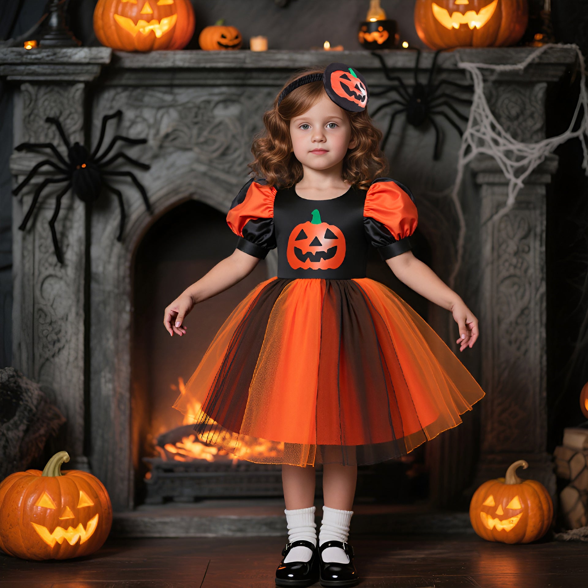 Girls' Dress Halloween Lantern Sleeve Cosplay Children's Dress Little Girl Tutu Tulle Skirt Wholesale