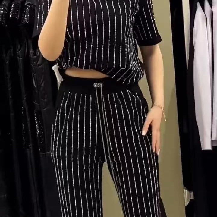 Round neck rhinestone striped short sleeved two-piece casual pocket pants