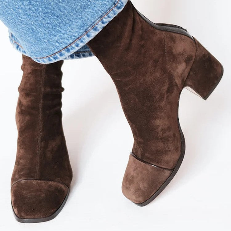 High heeled suede low cut British style square toe women's boots