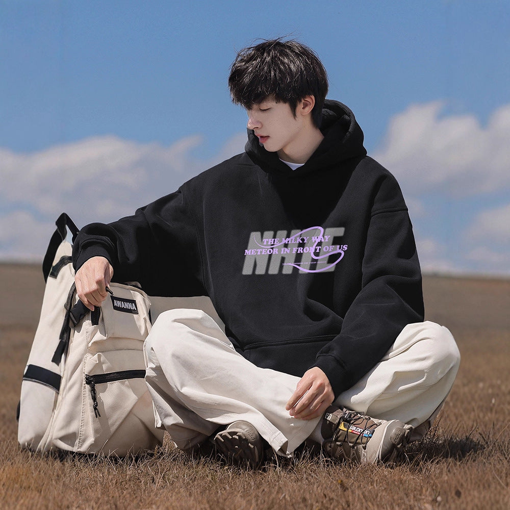 Black Heavyweight Hoodie Men's Autumn Winter New Style Youth Boy Fashion Hooded Sweatshirt Outerwear