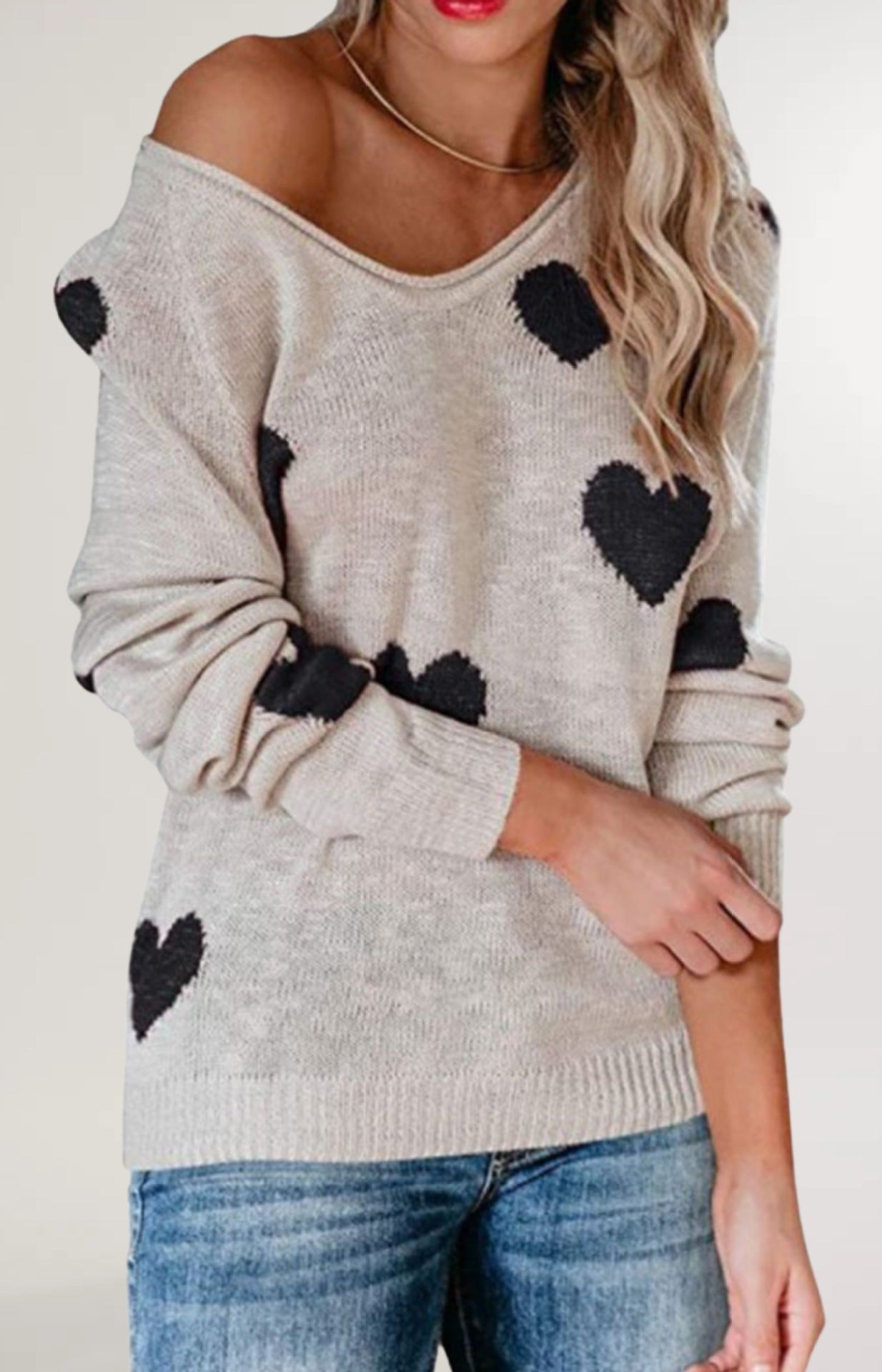 Loose Love Valentine's Day V-neck Knitted sweater pullover sweater for women
