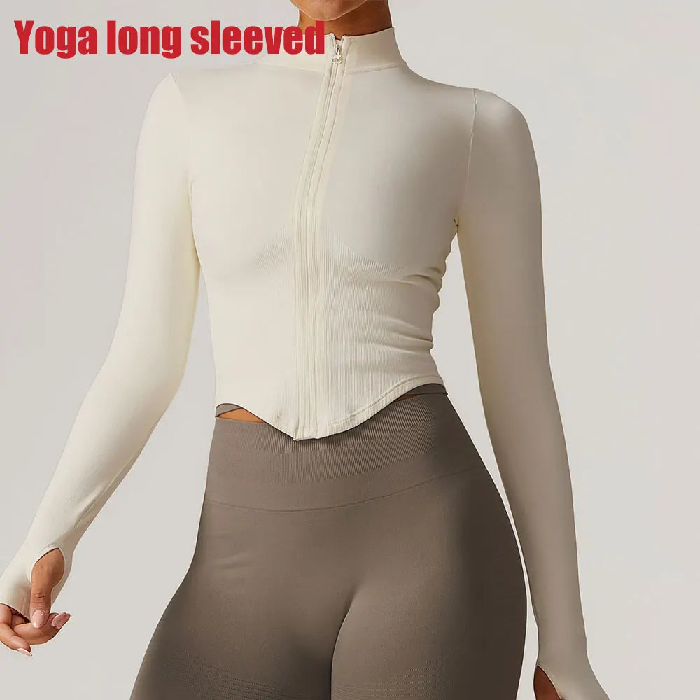 Zipper Jacket Women Crop Tops Yoga T-shirts Solid Sports Top Long Sleeve Running Shirts Sexy Quick Dry Fitness Gym Sport Wear