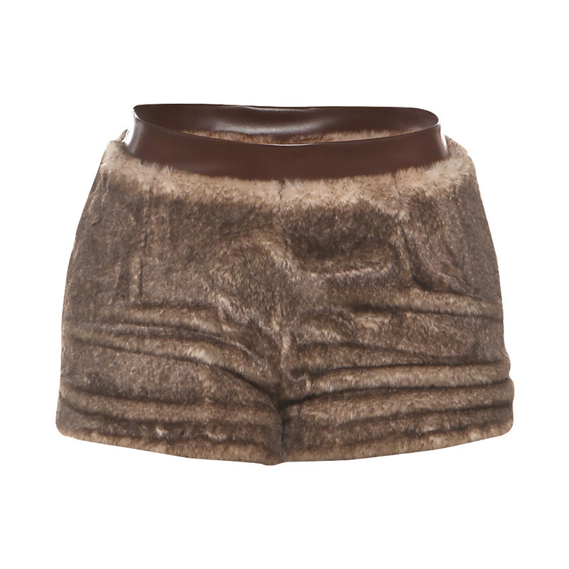 PU leather patchwork hairy zipper slim fit shorts for women