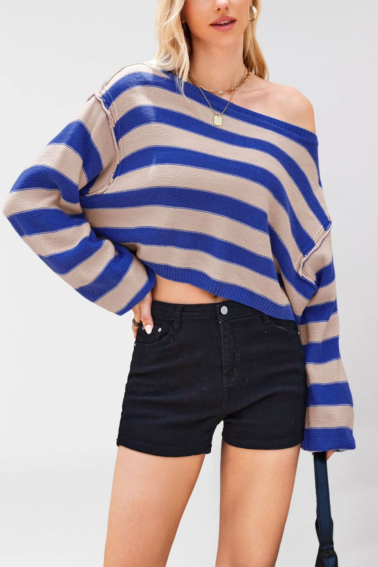 Hooded sweater striped loose short knit sweater
