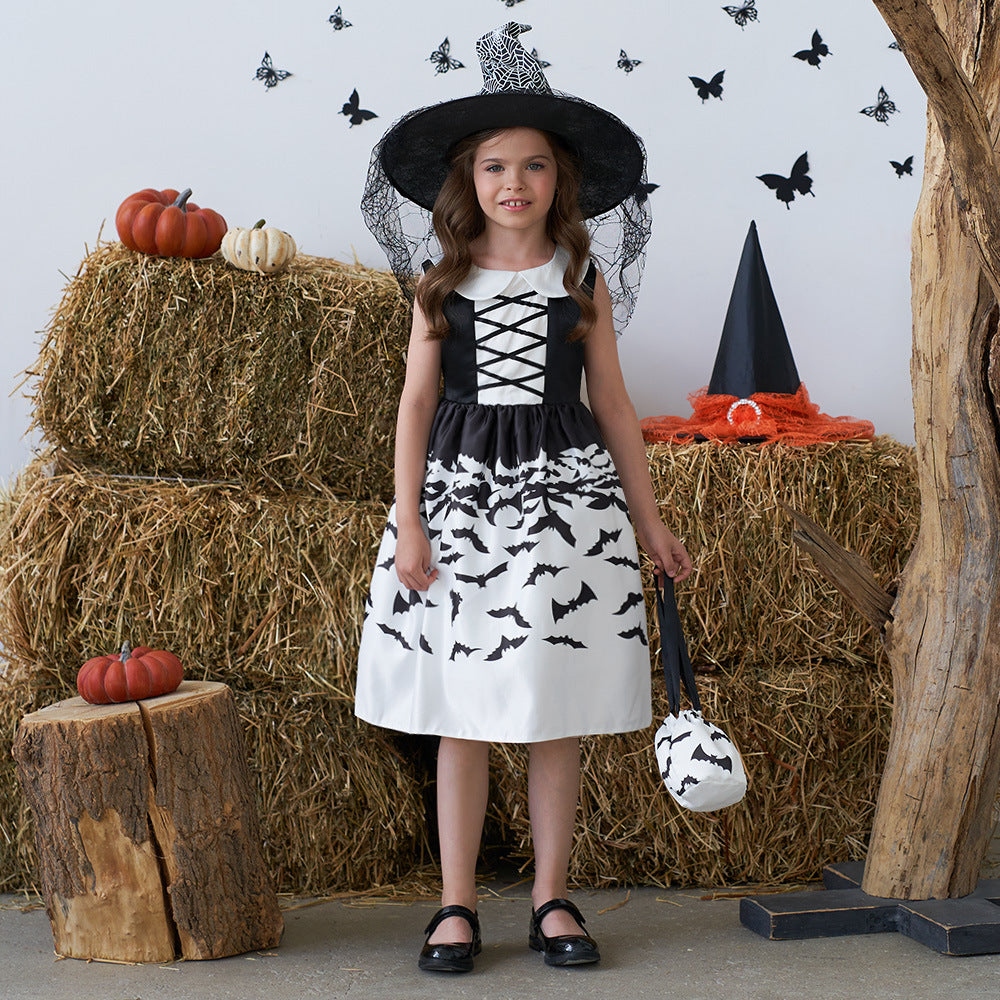 Halloween Printed Dress for Girls with Candy Bag Princess Style Children's Dress