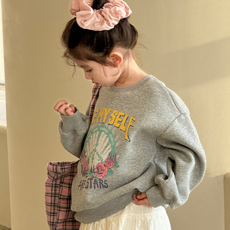 Cotton Fleece Lined Hooded Sweatshirt for Girls, Round Neck, Loose Fit, Casual Fashion for Kids Boys and Girls Style