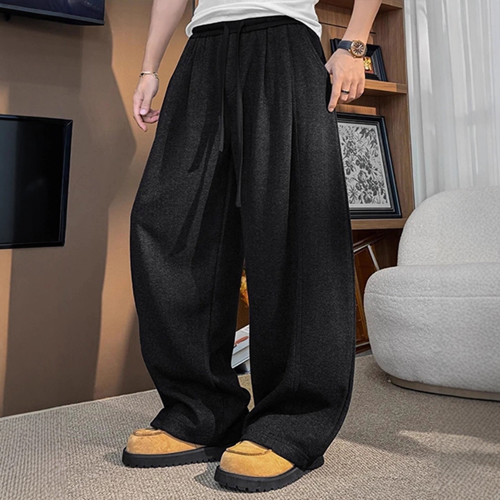 Preppy Style Knitted Knife-Edge Sweatpants Men's Autumn Winter Vintage Corduroy Pants High-end Drape Wide Leg Casual Pants