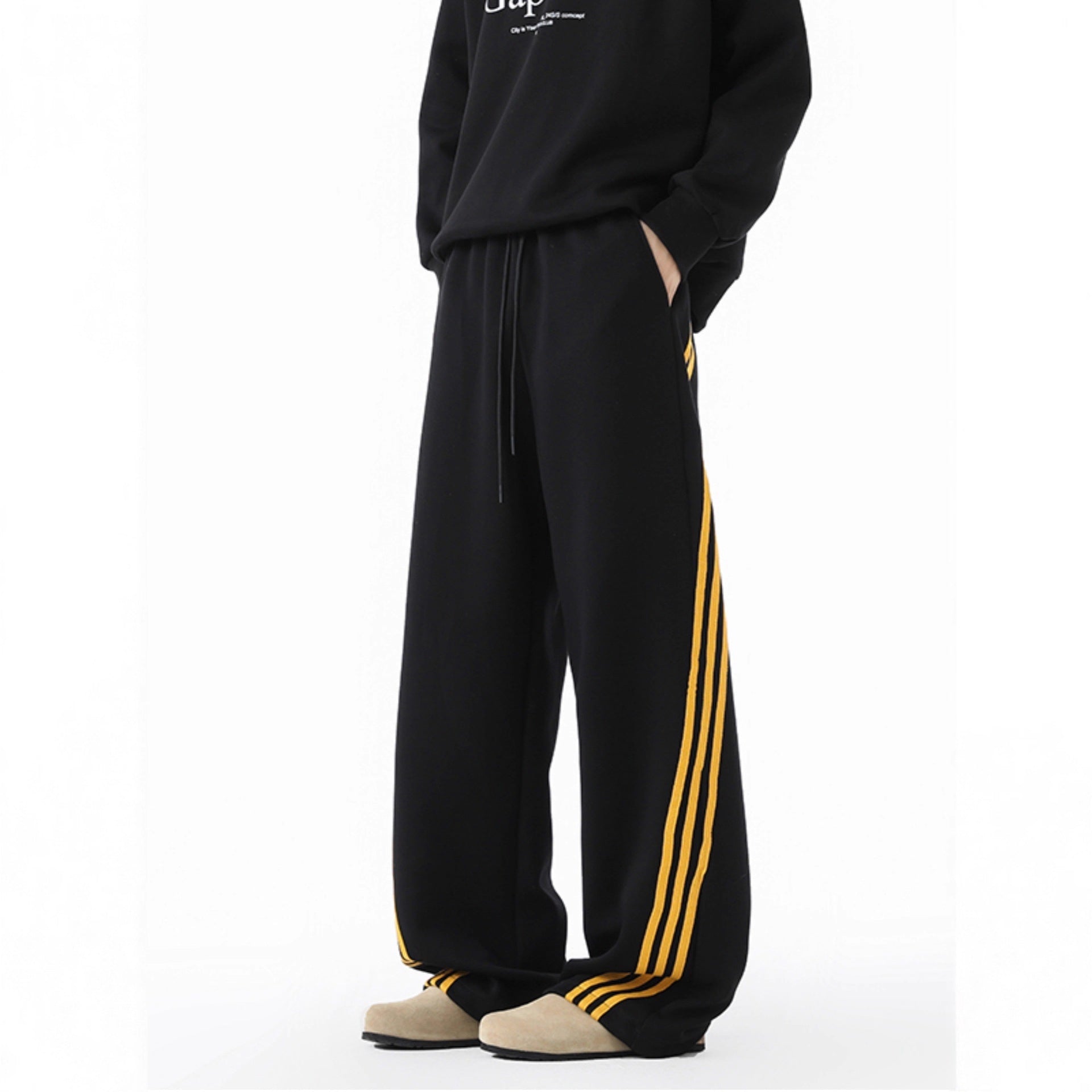 Heavyweight Track Pants for Men with Three-Stripe Pattern, Loose Straight Leg, Autumn Casual Sweatpants, Flowy Wide Leg Design