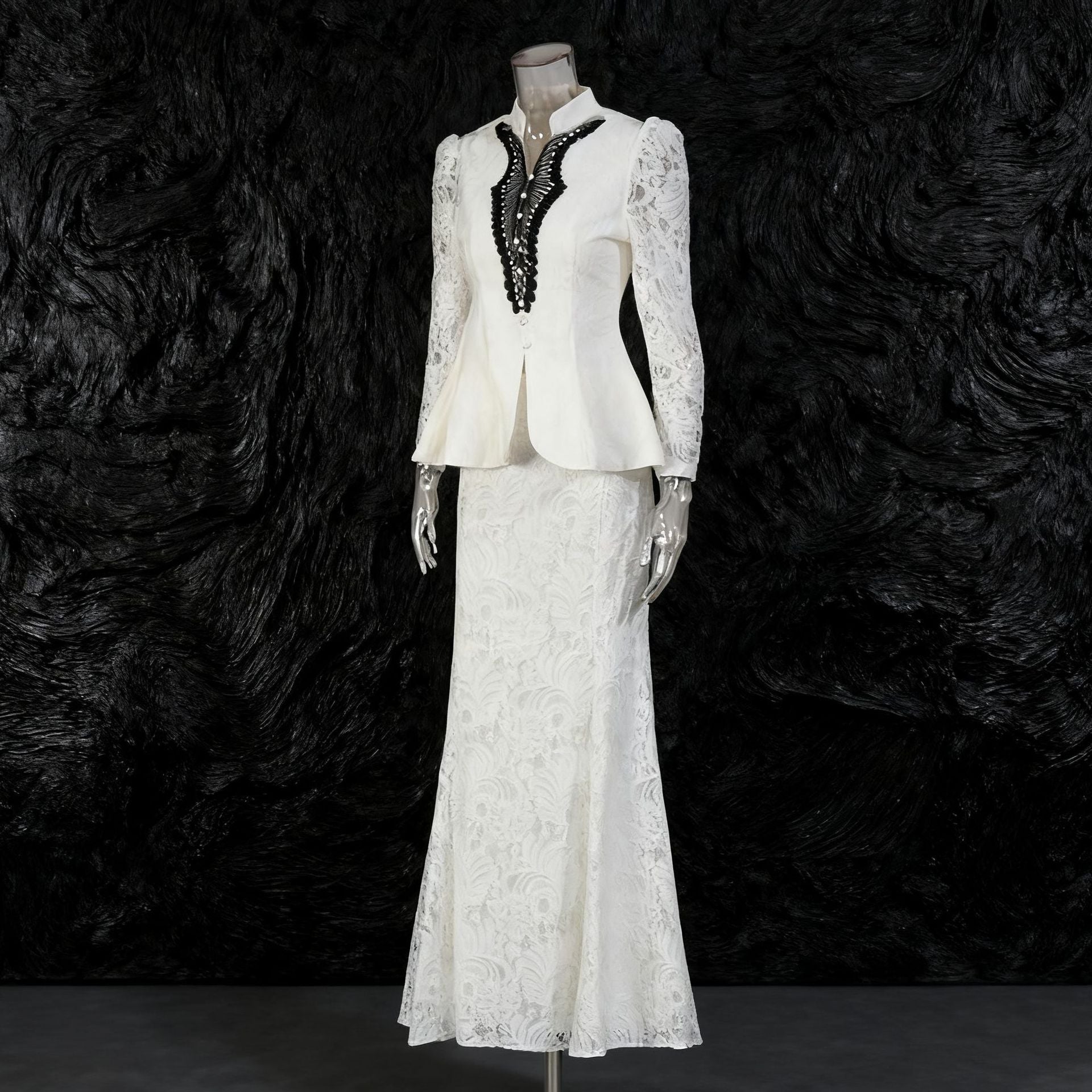 Stand collar lace embroidered waist cinching top+high waisted fishtail skirt