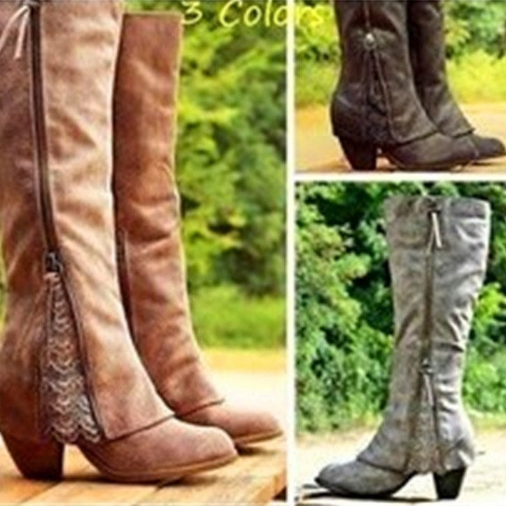 High heeled thick heeled cuffed high boots