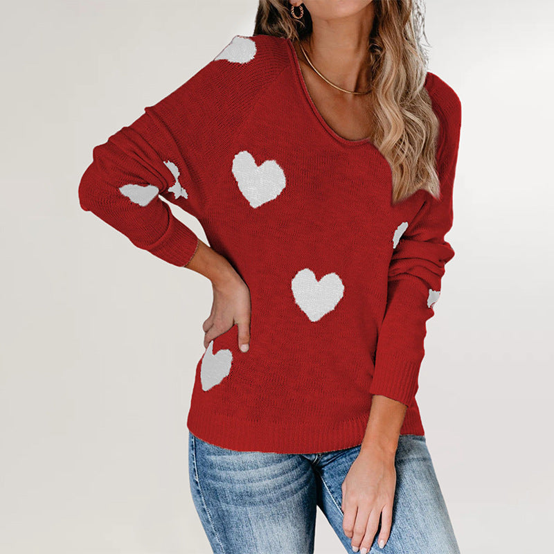 Loose Love Valentine's Day V-neck Knitted sweater pullover sweater for women