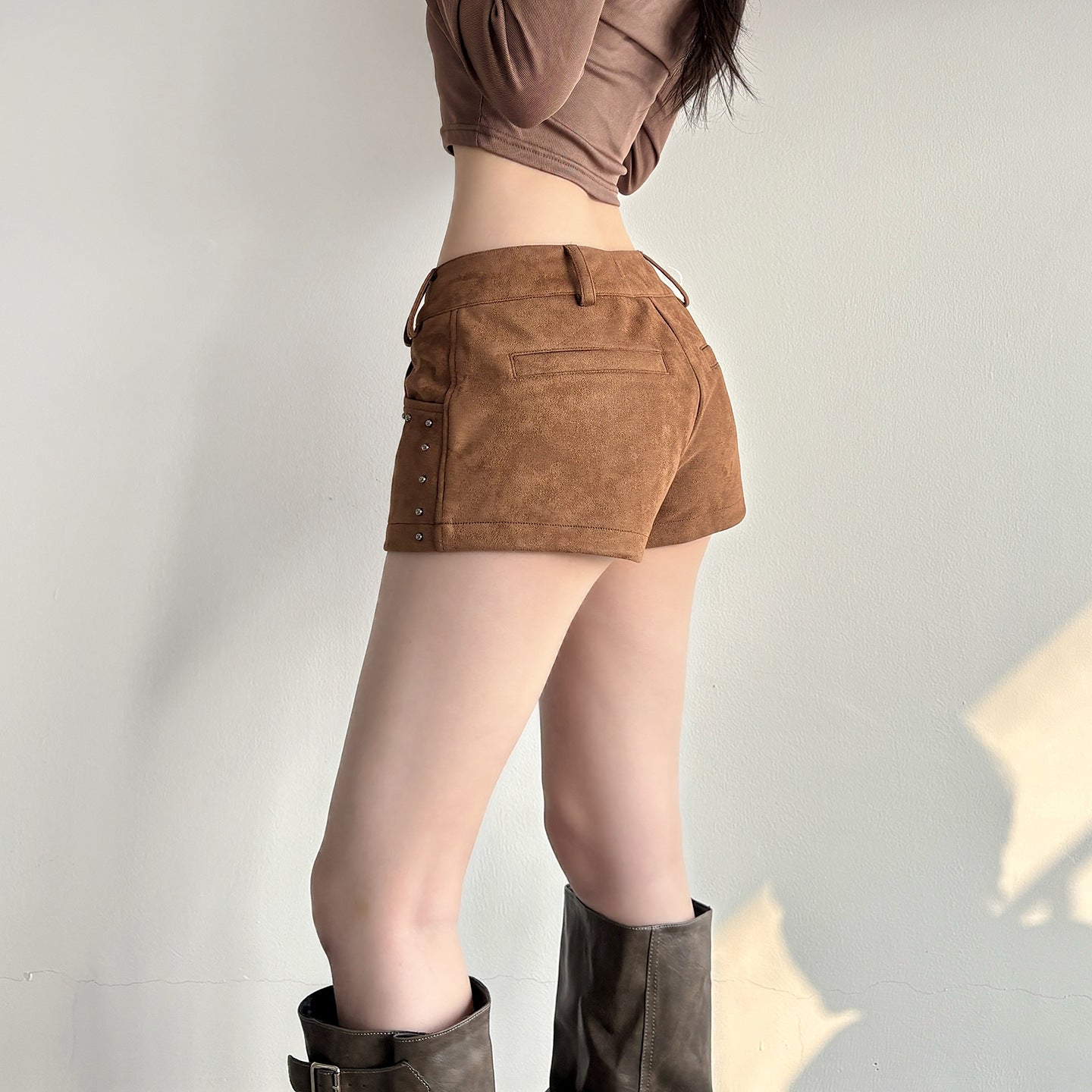 Retro printed low waisted suede versatile staple shorts