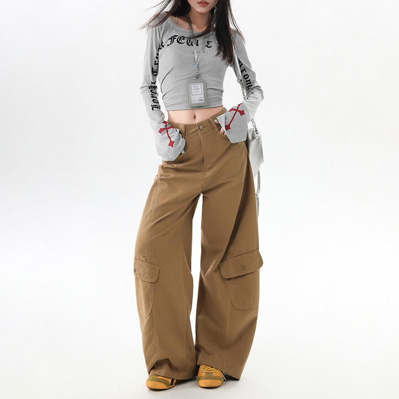 High-Waisted Straight Leg Cargo Pants for Women,Loose Fit Wide Leg Casual Trousers for Plus Size