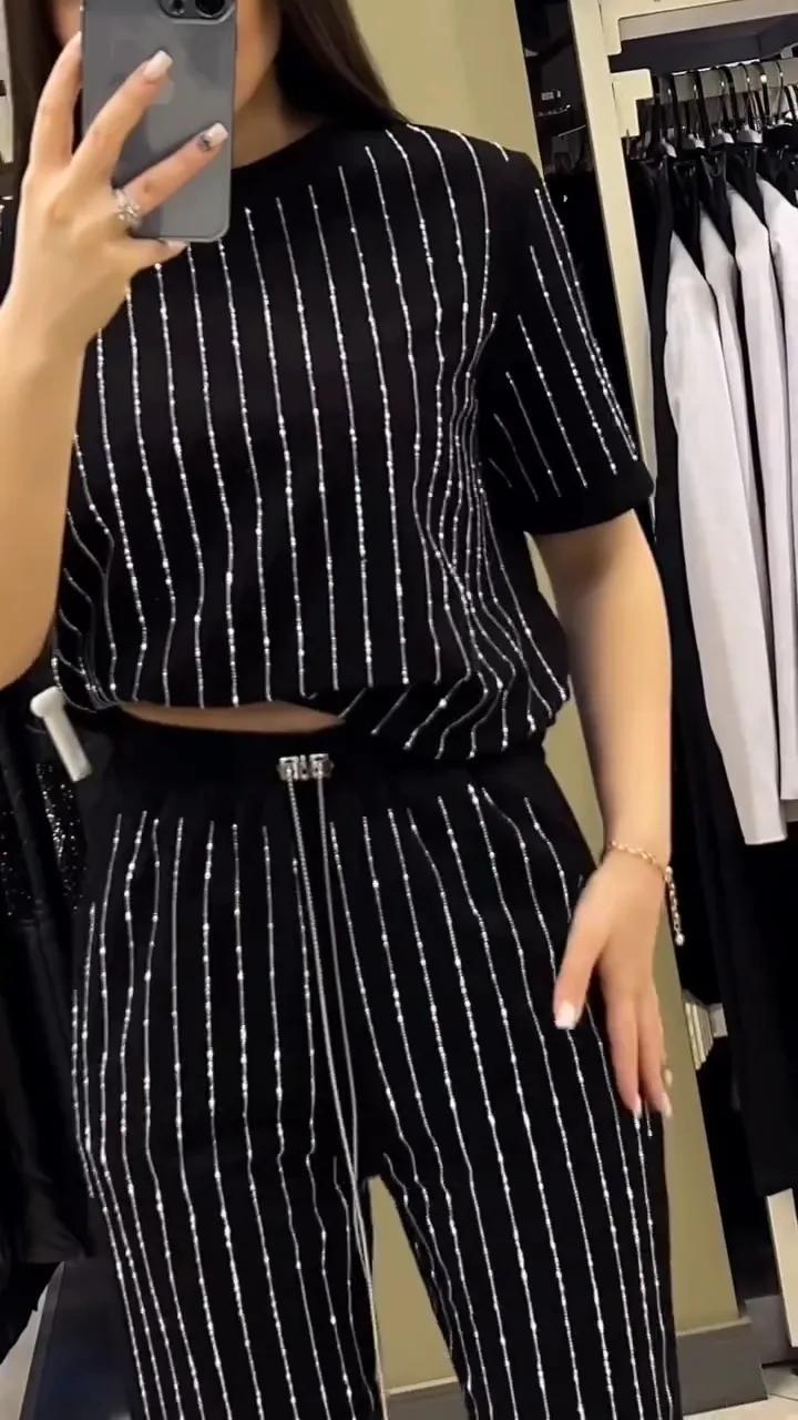 Round neck rhinestone striped short sleeved two-piece casual pocket pants
