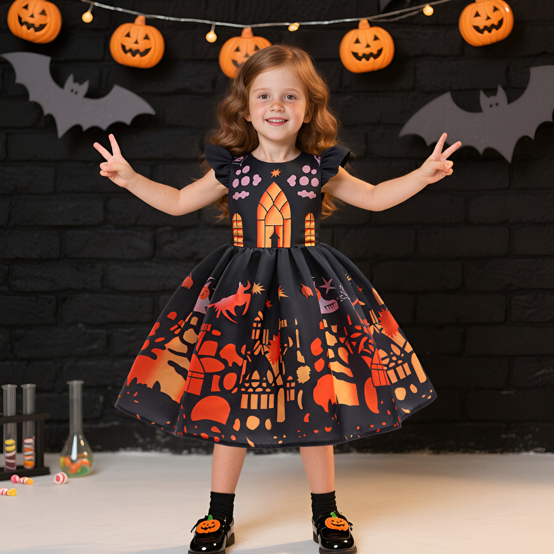 Fancy Halloween Printed Satin Dress for Kids Princess Party Costume Dress