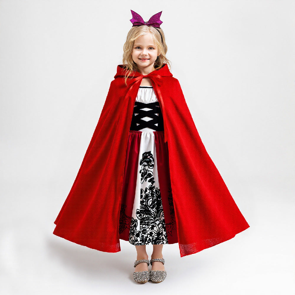 Halloween Kids Costume Set for Girls Silk Dress with Hooded Cape Role Play Outfit