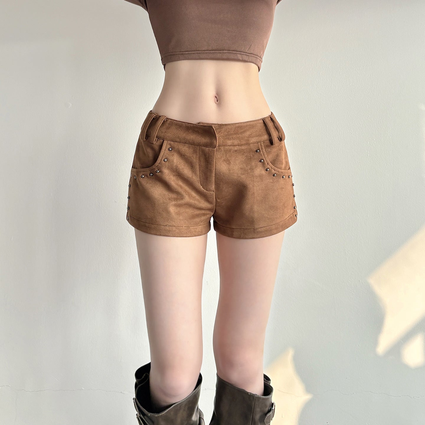 Retro printed low waisted suede versatile staple shorts