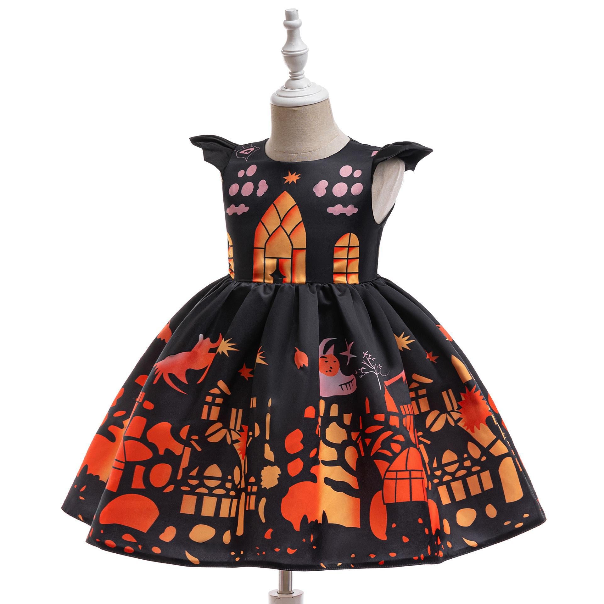 Fancy Halloween Printed Satin Dress for Kids Princess Party Costume Dress
