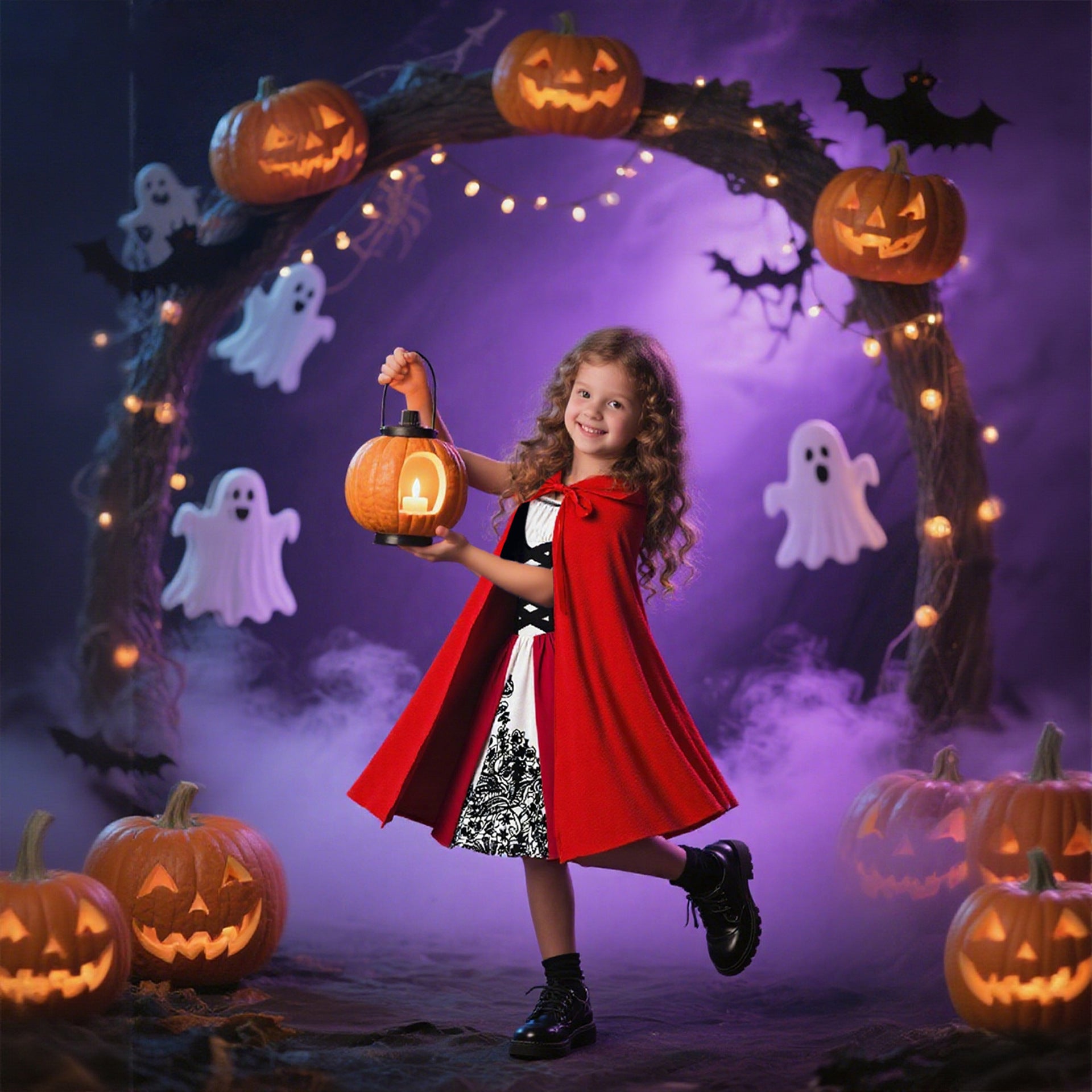 Halloween Kids Costume Set for Girls Silk Dress with Hooded Cape Role Play Outfit