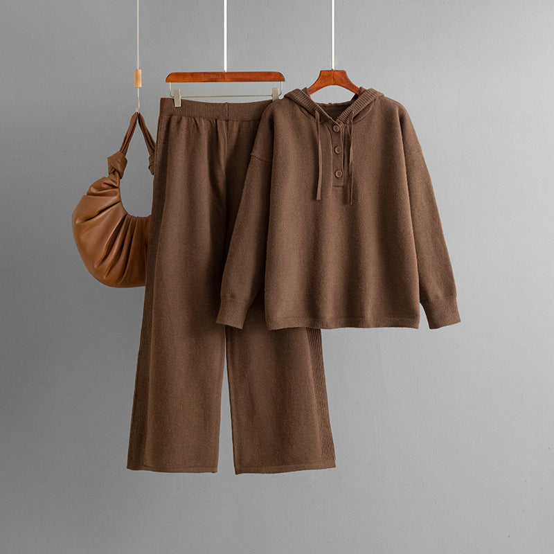 Hooded loose button sweater+wide leg pants two-piece set for women