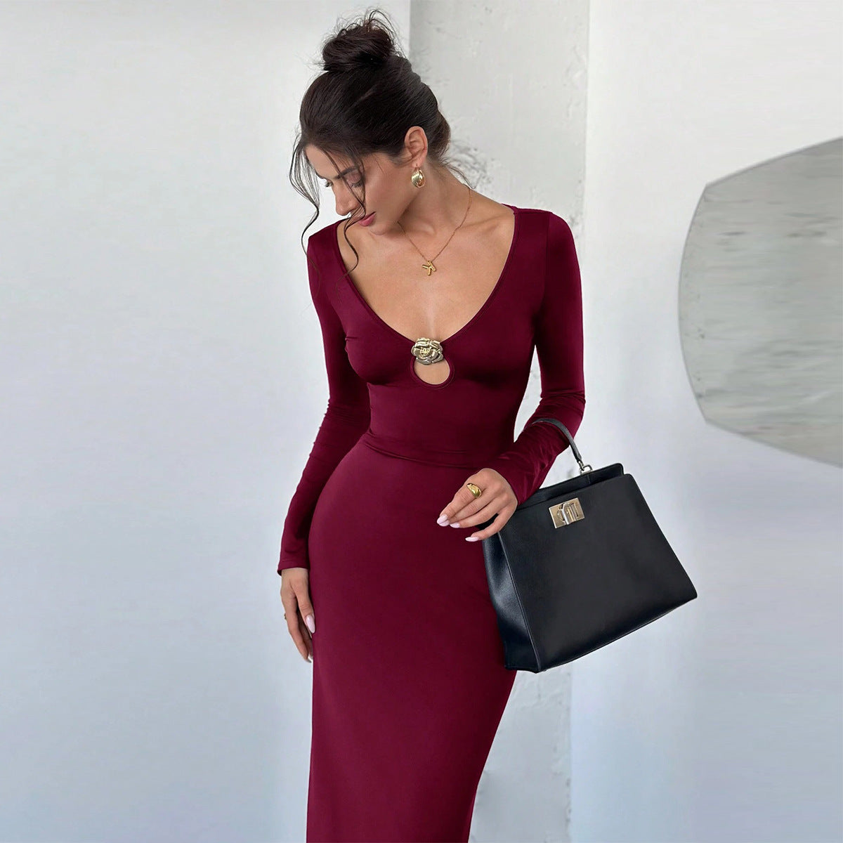 V-neck metal decorative elastic long sleeved dress for women