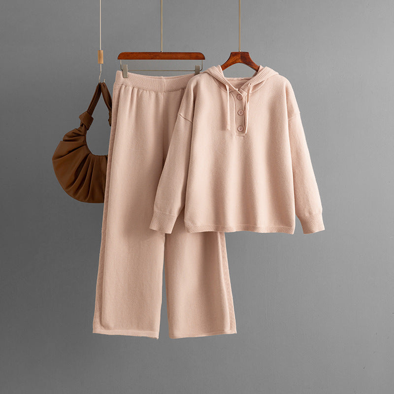 Hooded loose button sweater+wide leg pants two-piece set for women