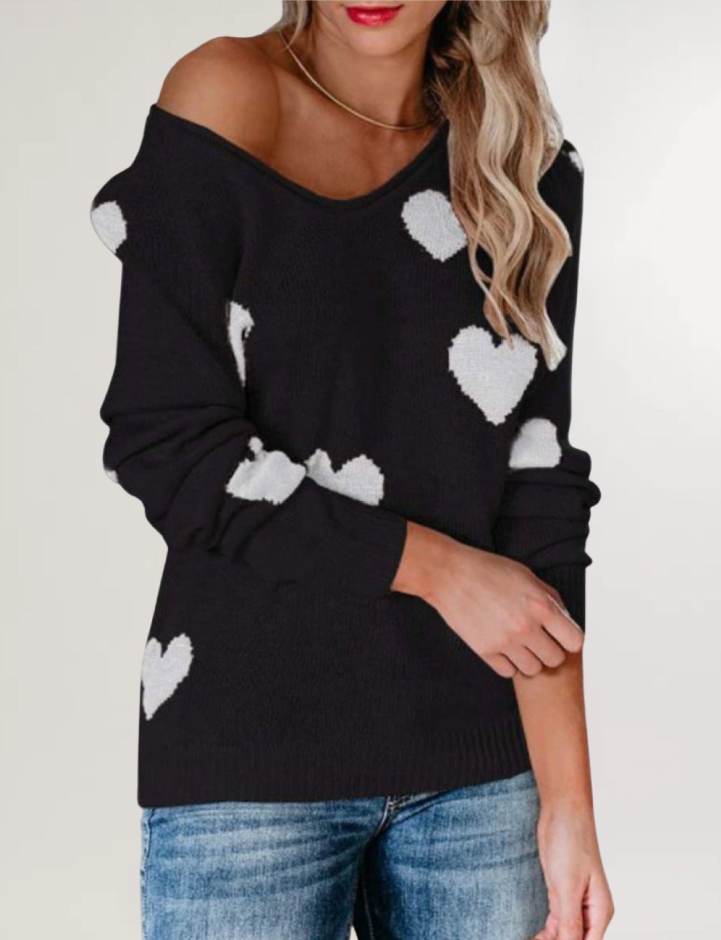 Loose Love Valentine's Day V-neck Knitted sweater pullover sweater for women