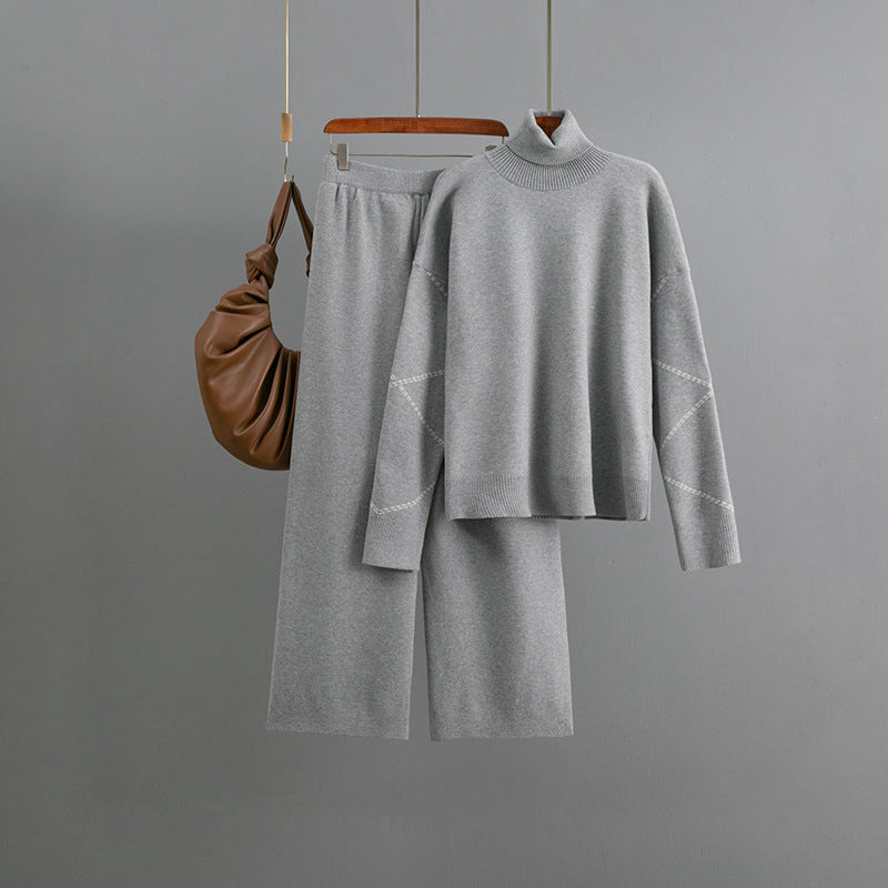 High neck loose sweater+casual wide leg pants two-piece set