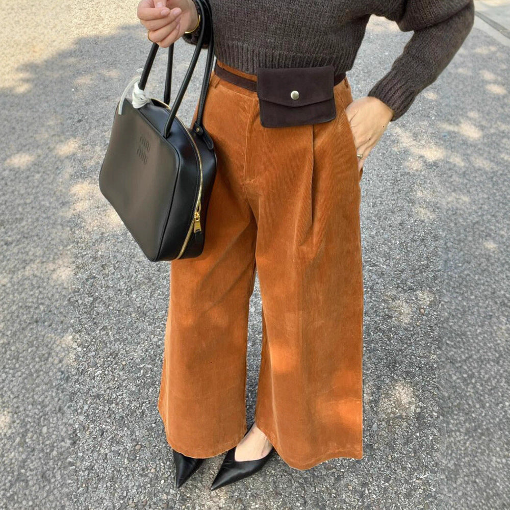 Vintage Orange Corduroy Wide-Leg Pants for Women High-Waisted Slimming Straight Leg Casual Trousers