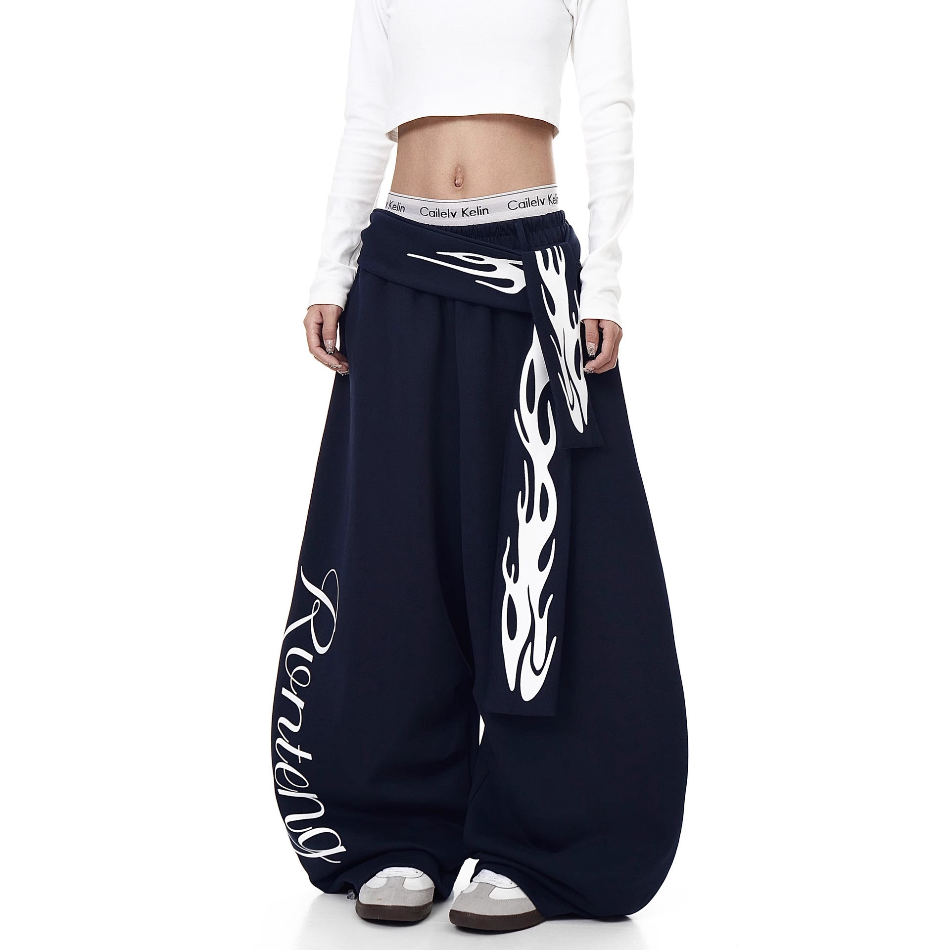Vintage Flame Print Belted Knife Pants Unisex Autumn New Fashion Streetwear Jazz Dance Loose Wide Leg Pants