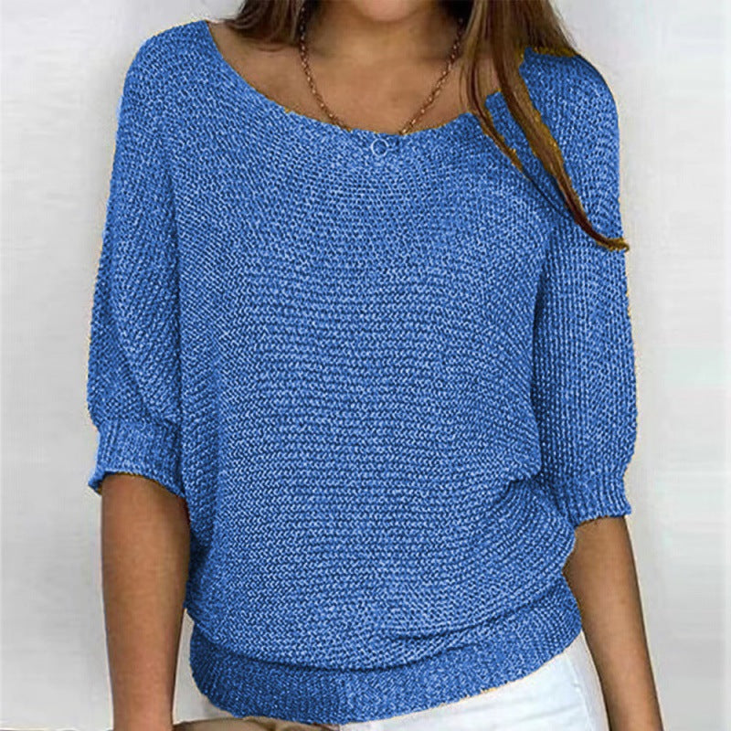Round neck knitted sweater with elegant three quarter sleeve top for women