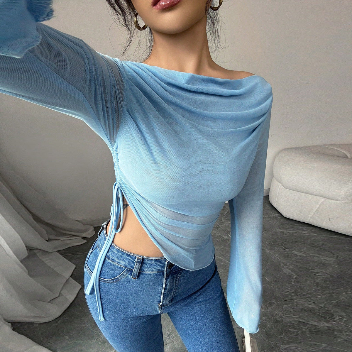 Irregular mesh top for women in autumn