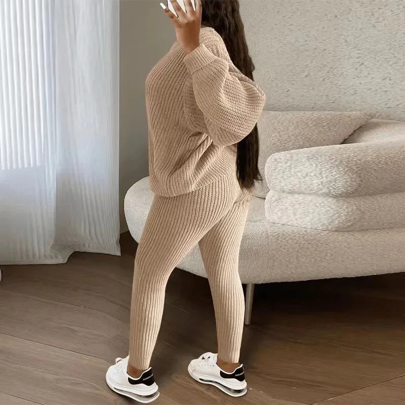 Winter Two Piece Sets Women Clothing Autumn Fashion Casual Solid Round Neck Pullover Loose Pit Knitted Sweater Pants Suits