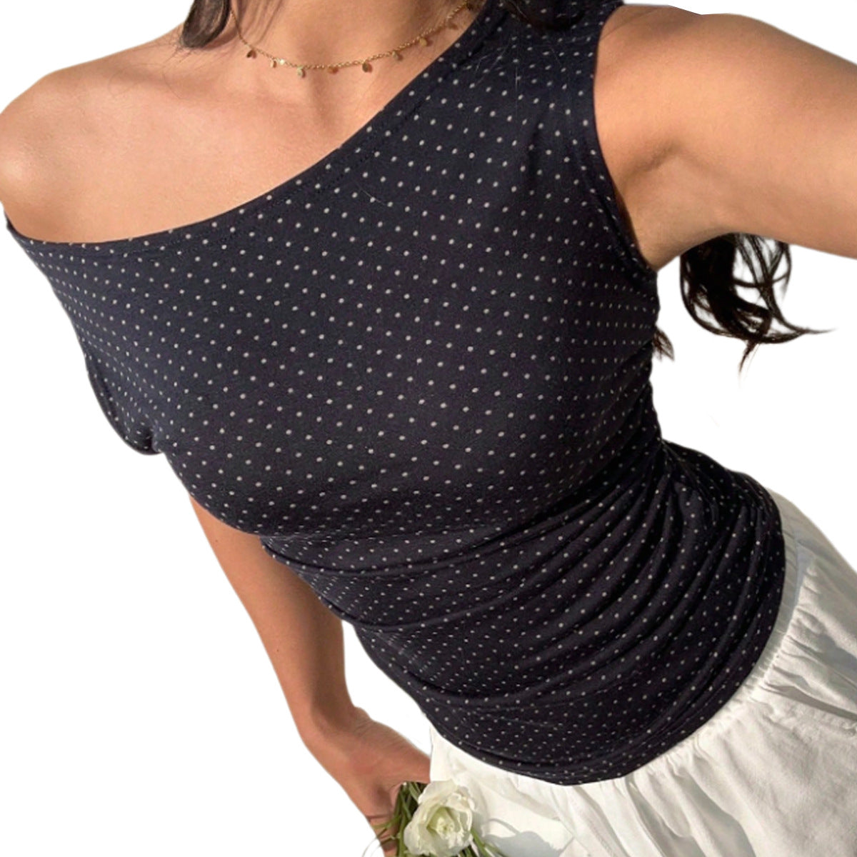 Sexy slim fit rhinestone slanted neck vest for women